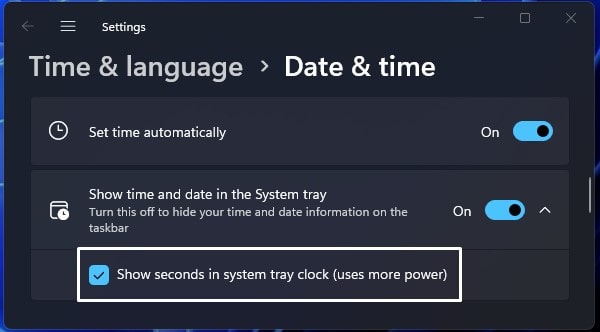 show seconds in system tray clock