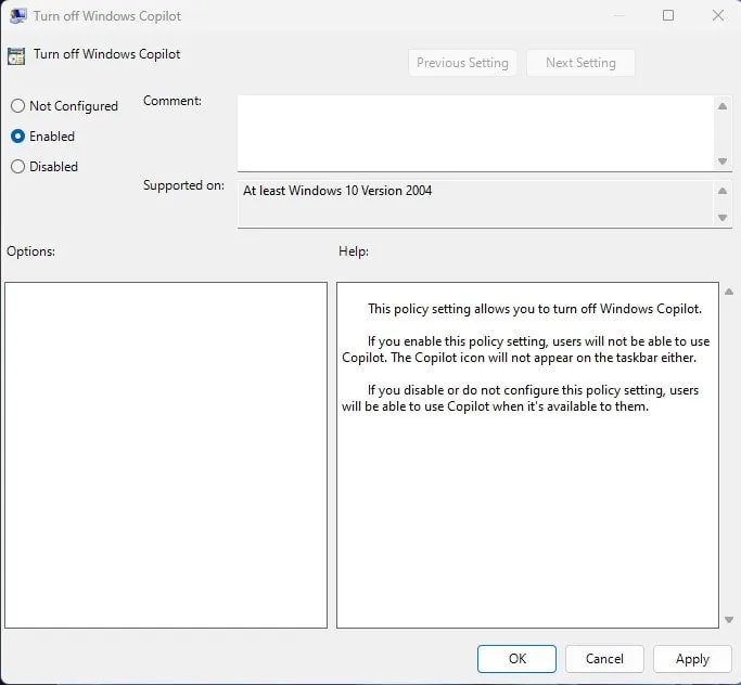 Enable Turn off Windows Copilot