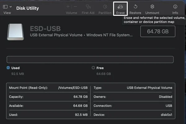 Erase Option in DIsk Utility