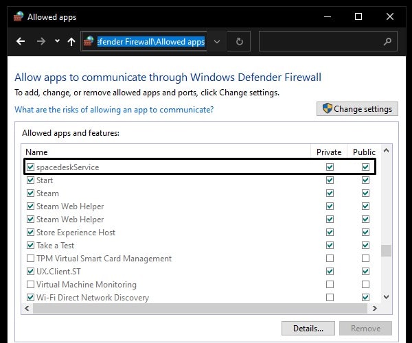 Allow Space Desk Service Windows Defender Firewall