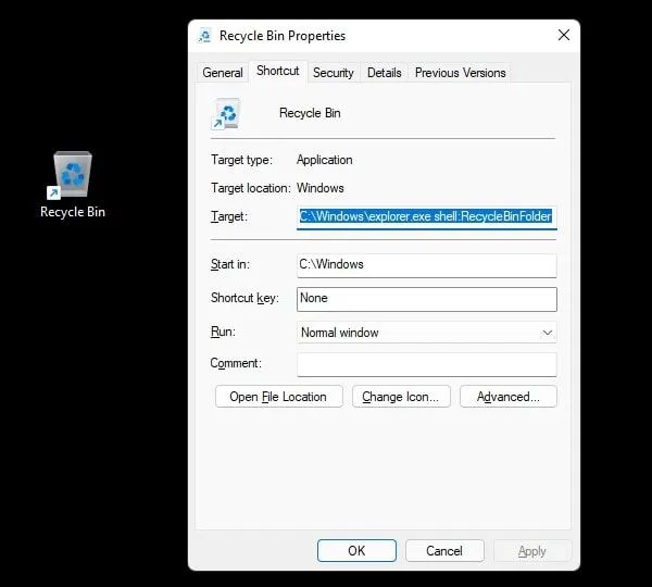 Apply Icon Customize recycle bin shortcut Windows 11