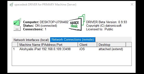 Network Connection spacedesk use iPad as a second monitor