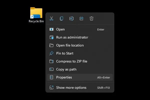 Open Recycle Bin Shortcut Properties