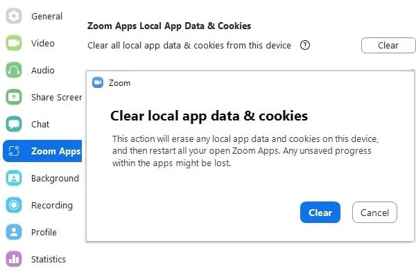 Zoom Clear Local app data Cookies