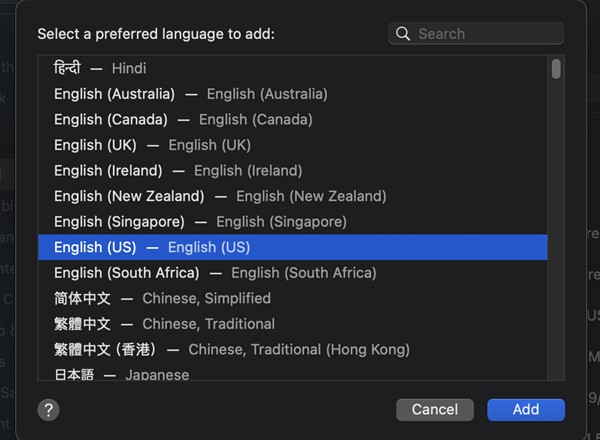 Add English US Language in macOS