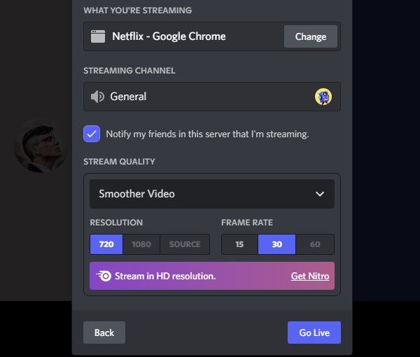 Go Live from Netflix Google Chrome on Discord