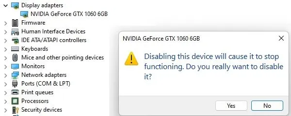 Graphics Card Disable Warning Windows 11