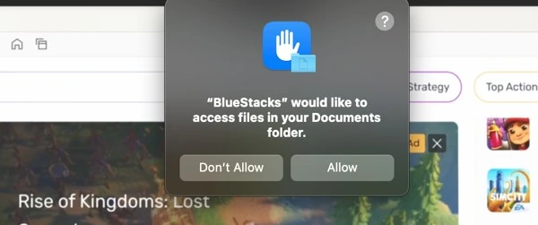 Bluestacks would like to access files in your documents