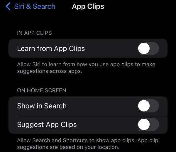 Disable Siri Search for App Clips 