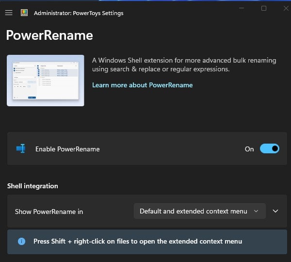 Enable PowerRename in PowerToys App