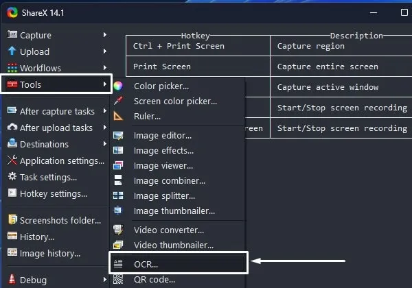 Open OCR Tools in ShareX