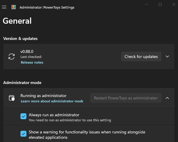 PowerToys Always Run as Administrator