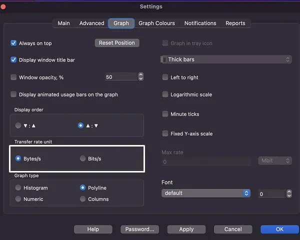 Select Bytes option in Networx Settings