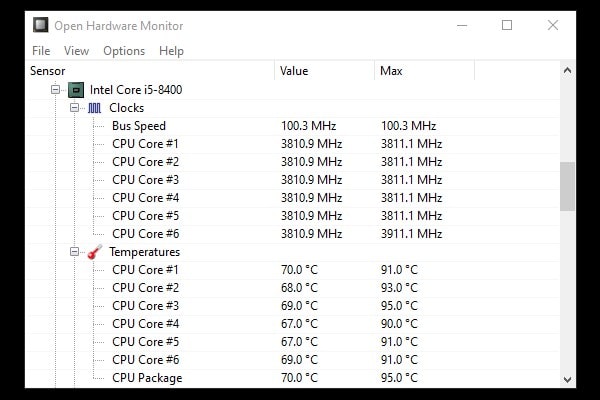 CPU Core Temperatures Open Hardware Monitor