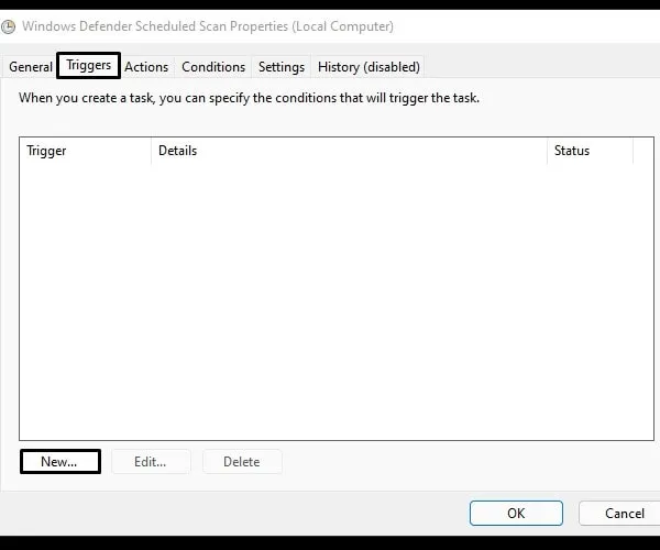 Create new Trigger for Windows Defender