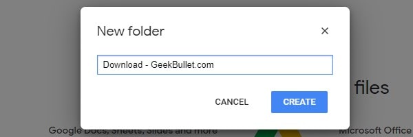 Create new folder in Google Drive Enter Folder Name