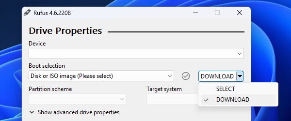 Download Windows 11 ISO using Rufus