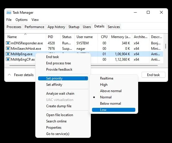 Set Antimalware Service Executable Priority to Low