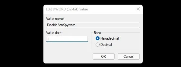 Turn off Windows Defender by enabling DisableAntiSpyware Registry