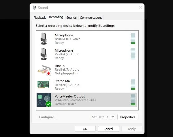 VoiceMeeter Output is default Recording Device