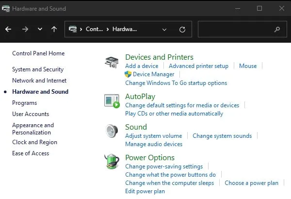 Control Panel Power Options