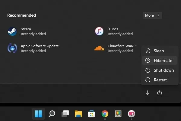 Hibernate Option in Windows 11 Power Menu