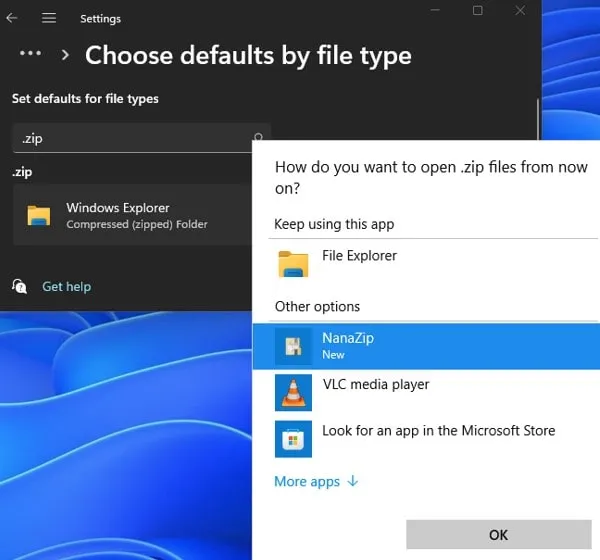 Choose NanaZip 7Zip as Default App to open Zip File