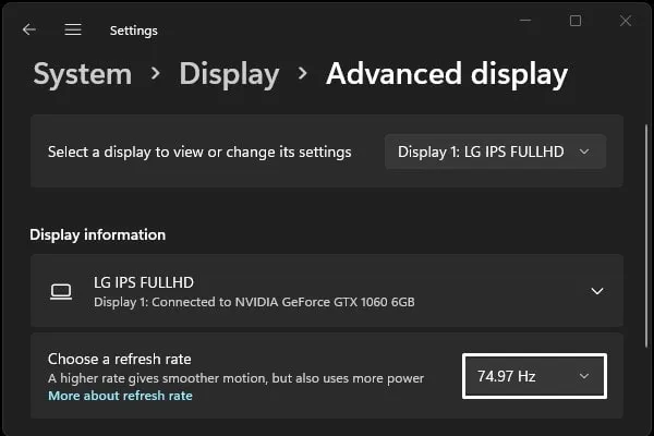 Choose a refresh rate Windows 11 Settings App