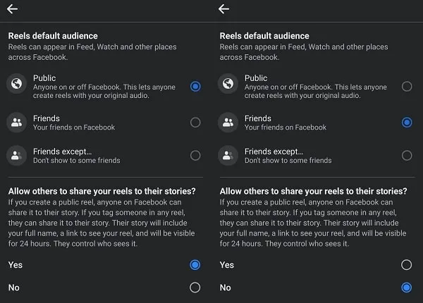 Disable your own Instagram Reels on Facebook change default audience