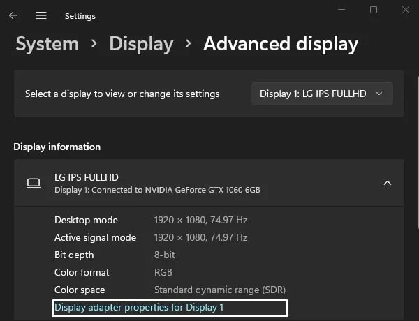 Display adapter properties for Display