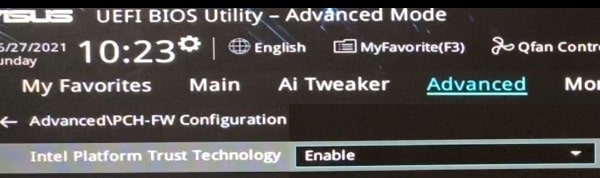 Enable Intel Platfrom Trust Technology This PC cant run Windows 11