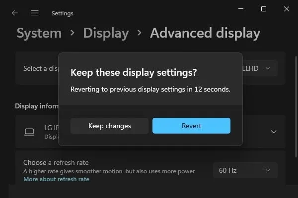 Keep these display settings Change Refresh Rate on Windows 11