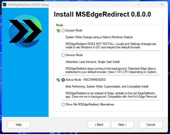 Select Active Mode in MSEdgeRedirect