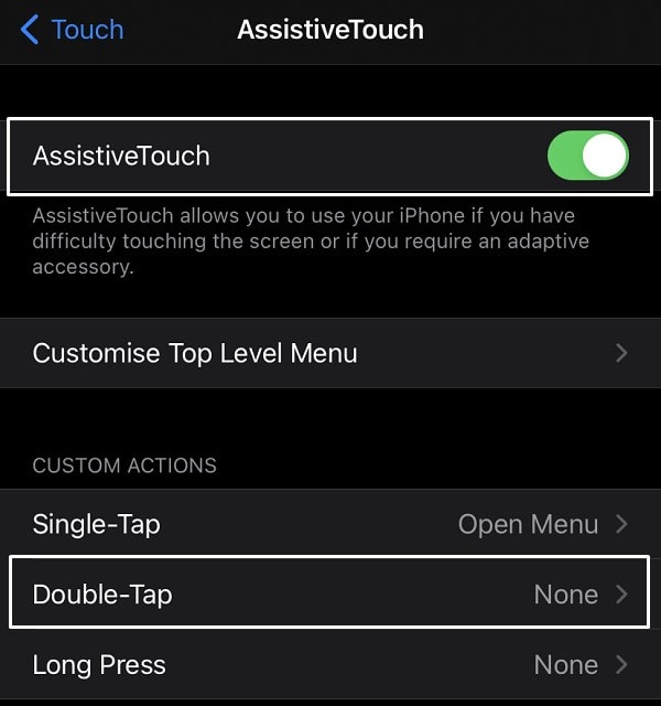 Enable Assistive Touch Set custom action