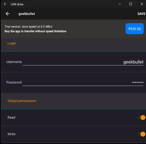 Enter Login Details and Enable Global Permissions to create WSA SMB Server