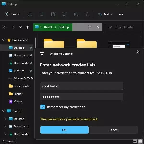 Enter Network Credentials